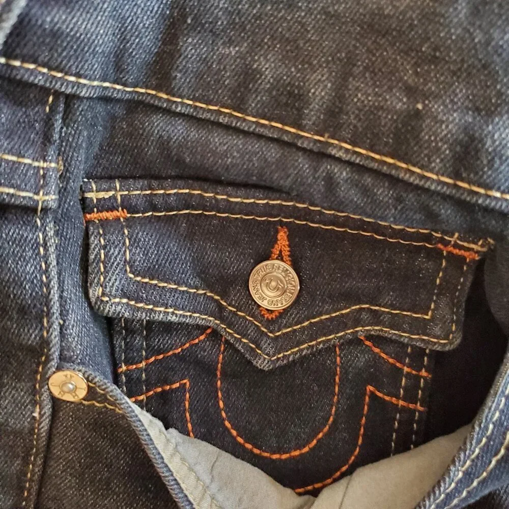 NEW TRUE RELIGION Men's Geno Relaxed Slim Distressed Dark Wash Blue Jeans